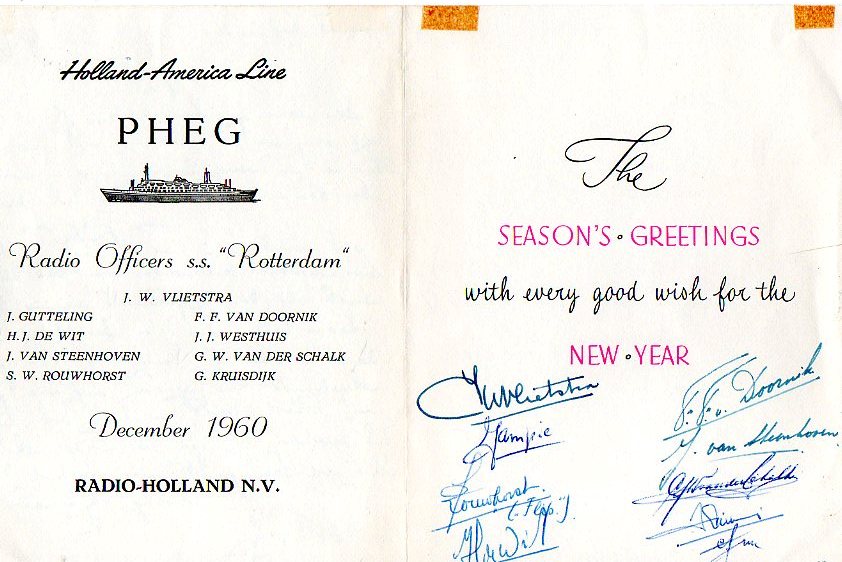 Nieuwjaarsgroet van het korps Radio Officieren van het SS Rotterdam/PHEG (December 1960)