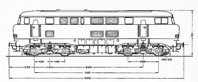 Zeichnung der Vorserienlokomotiven V160 001 - 009  aus: Henschel-Lokomotiv-Taschenbuch, Kassel 1960
