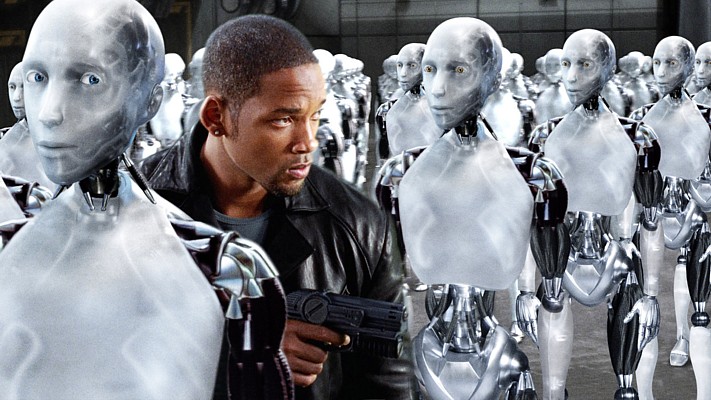 I, Robot (USA 2004), Publicity-Bild mit Will Smith, Sonny und den Robots