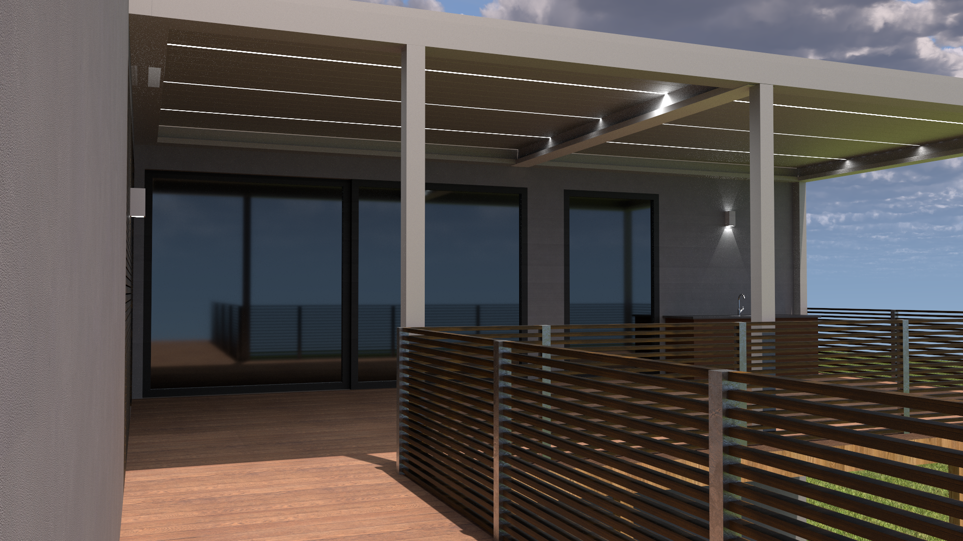 realitische 3D Visualisierung eines individuell geplanten Terrassendachs mit Lamellen