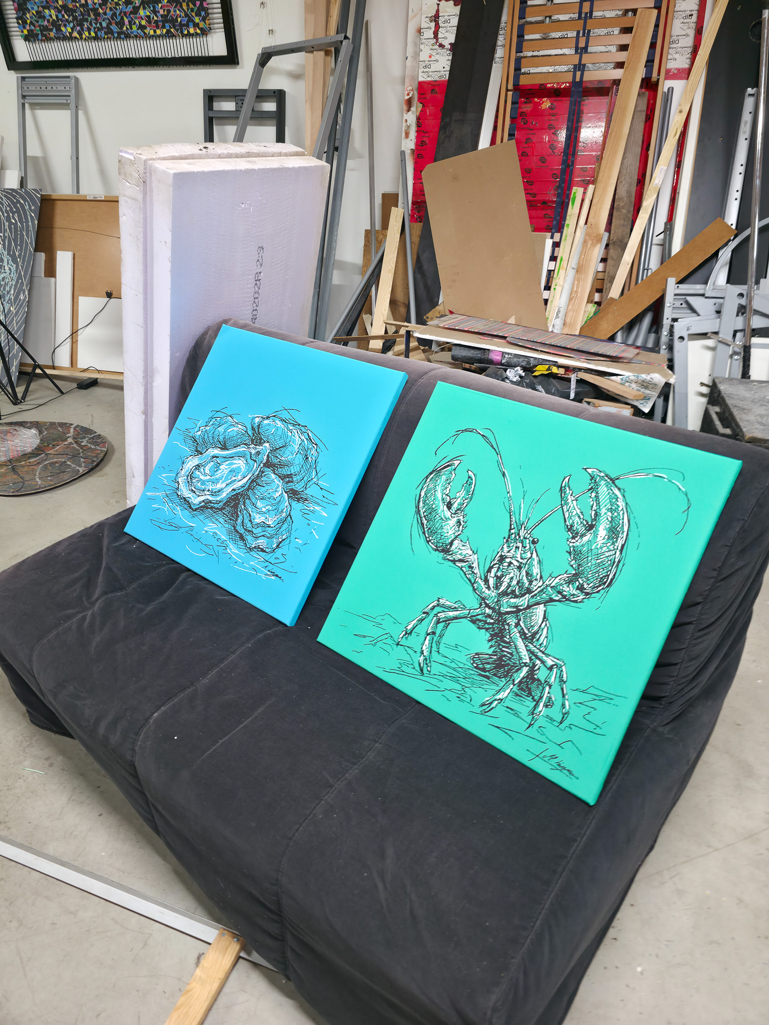 Entstehung von "STANDING GROUND II". Wild Sketches Serie, Künstler Martin Lingens, Hummer Gemälde in Grün, 2026