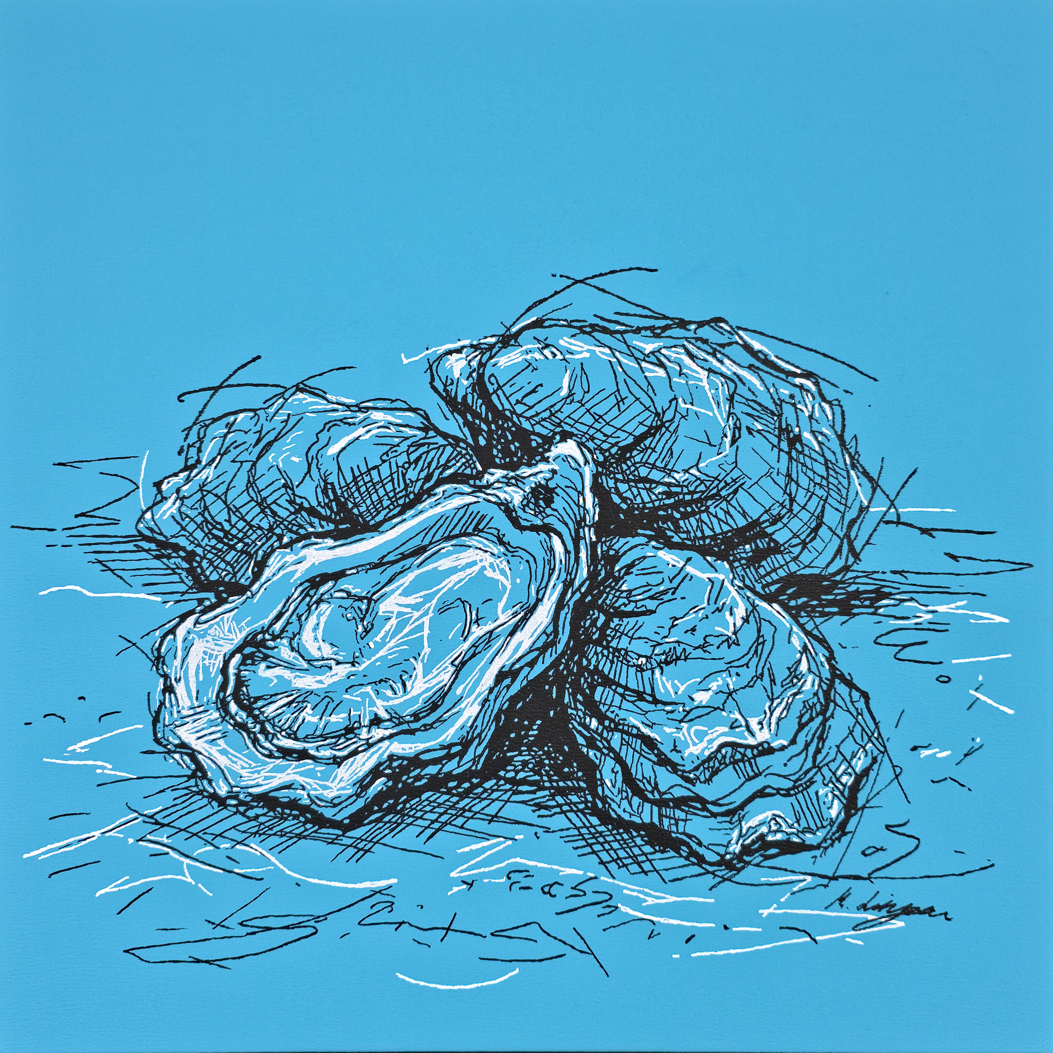 Entstehung von "CLOSED, BUT NEVER EMPTY", Gemälde Austern auf hell Blau, Acryl, Martin Lingens, 2025