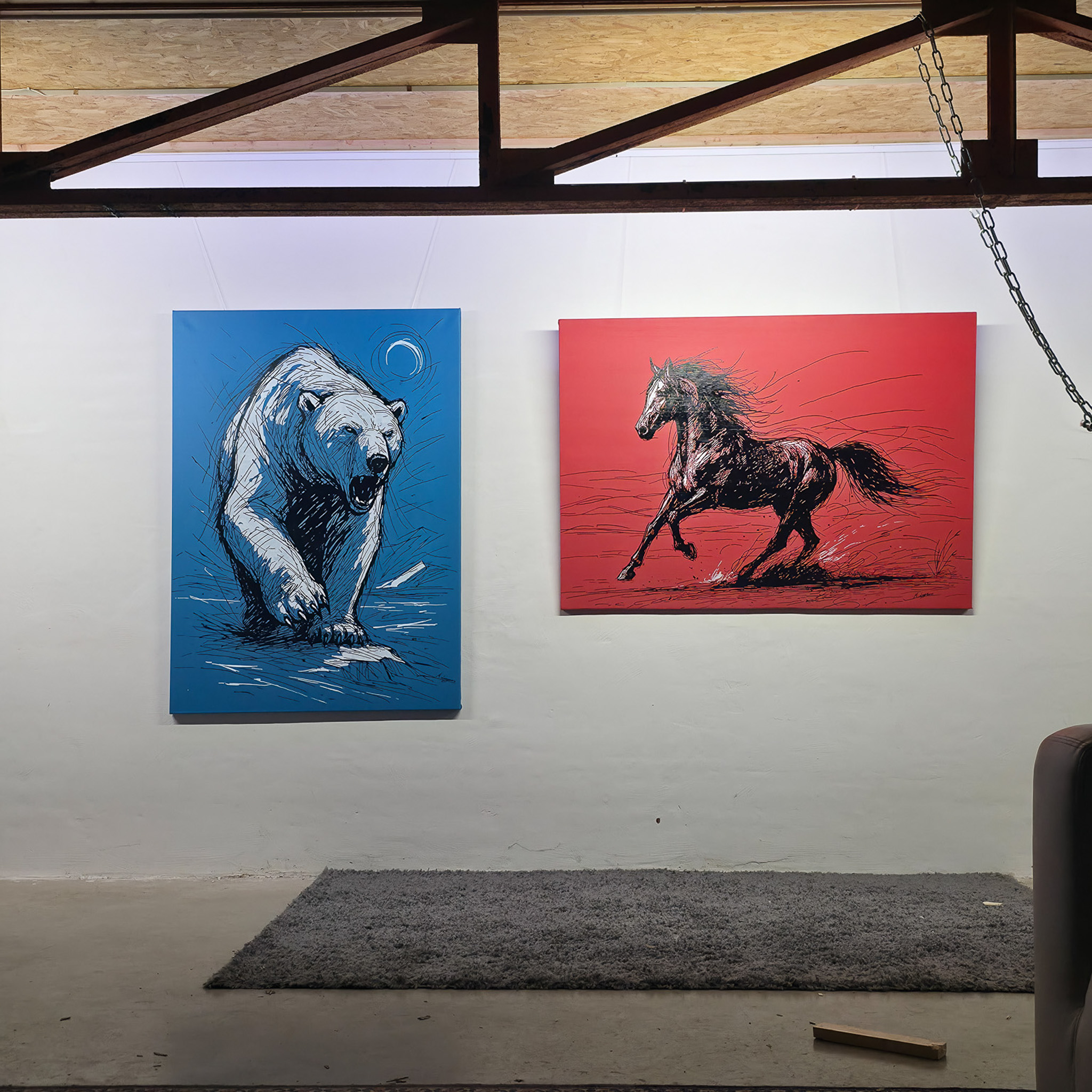 POINT OF NO RETURN und BLAZING – zwei Werke nebeneinander im Atelier, Größenvergleich