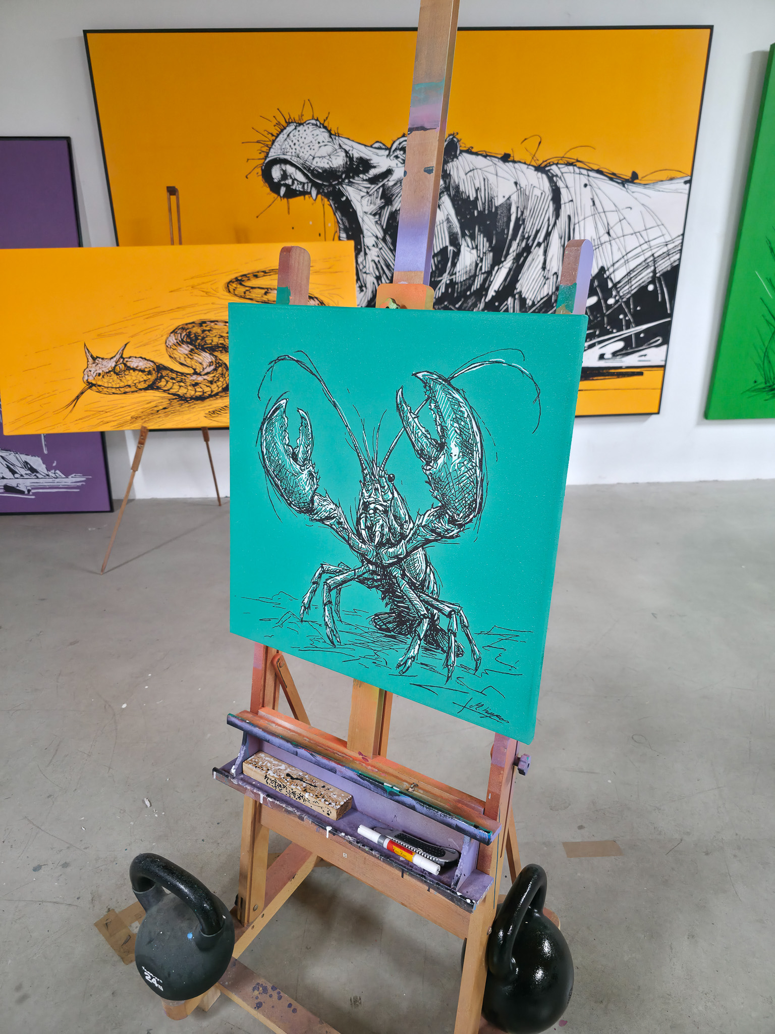 Entstehung von "STANDING GROUND II". Wild Sketches Serie, Künstler Martin Lingens, Hummer Gemälde in Grün, 2026