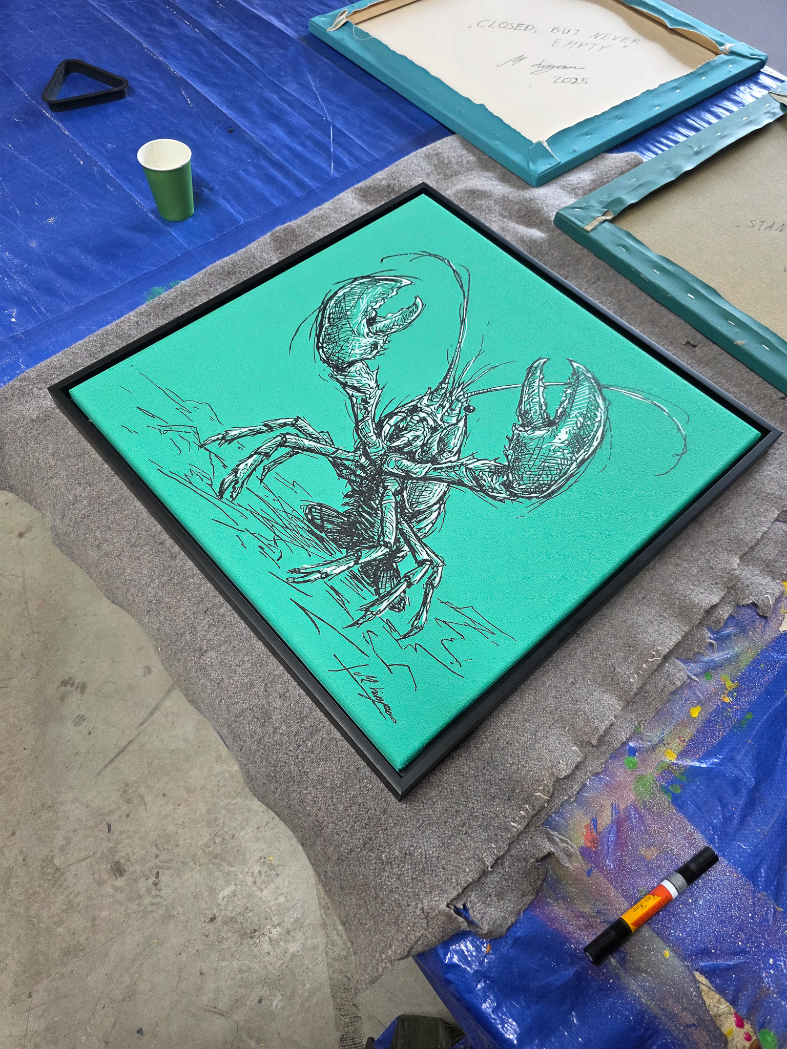 Entstehung von "STANDING GROUND II". Wild Sketches Serie, Künstler Martin Lingens, Hummer Gemälde in Grün, 2026