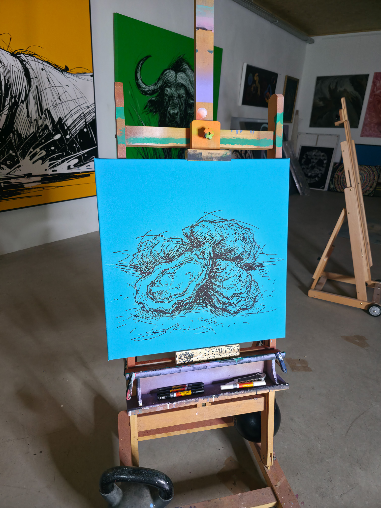 Entstehung von "CLOSED, BUT NEVER EMPTY", Gemälde Austern auf hell Blau, Acryl, Martin Lingens, 2025