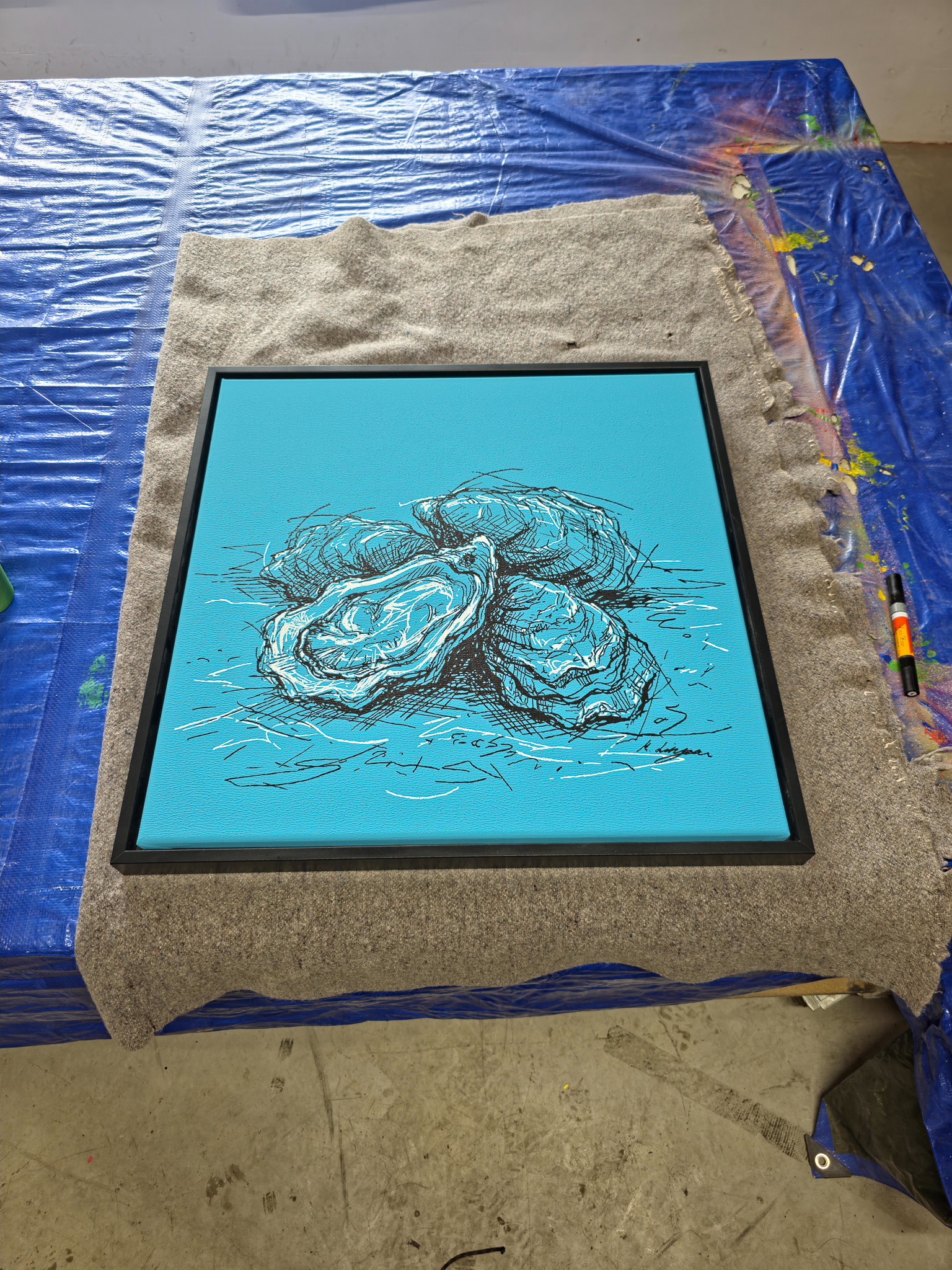 Entstehung von "CLOSED, BUT NEVER EMPTY", Gemälde Austern auf hell Blau, Acryl, Martin Lingens, 2025