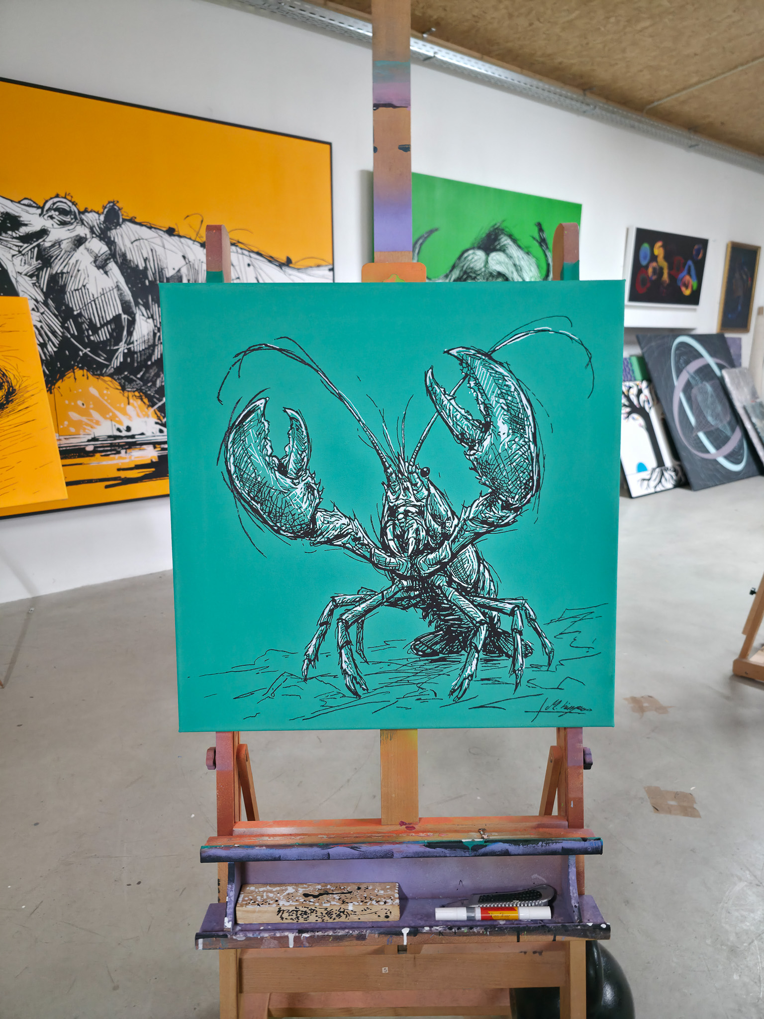 Entstehung von "STANDING GROUND II". Wild Sketches Serie, Künstler Martin Lingens, Hummer Gemälde in Grün, 2026
