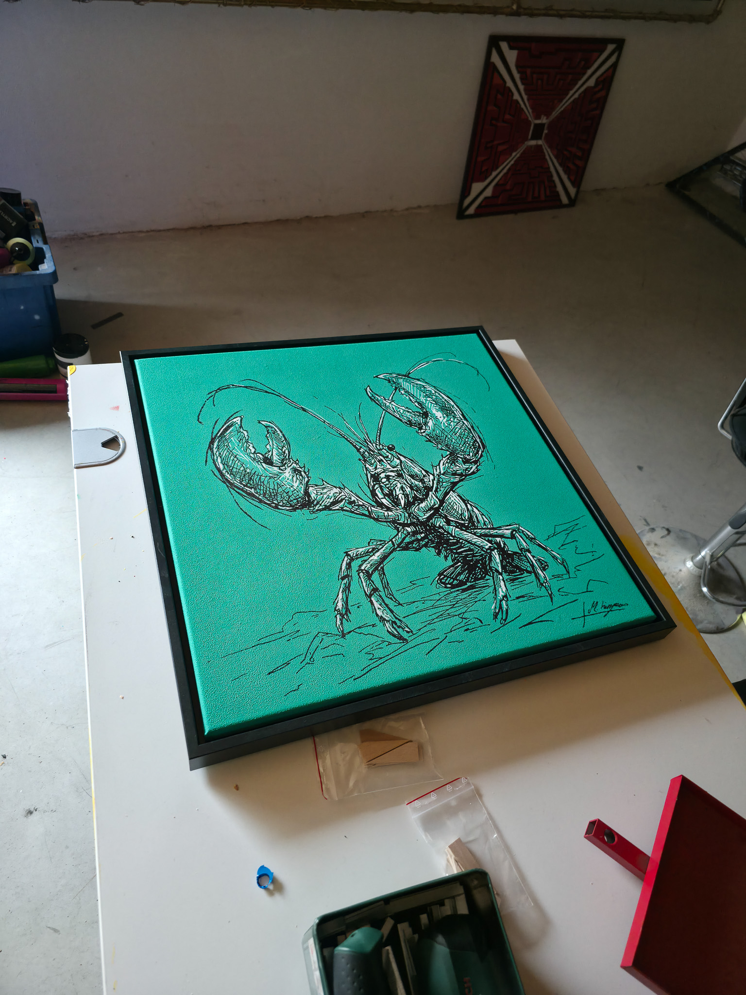 Entstehung von "STANDING GROUND II". Wild Sketches Serie, Künstler Martin Lingens, Hummer Gemälde in Grün, 2026