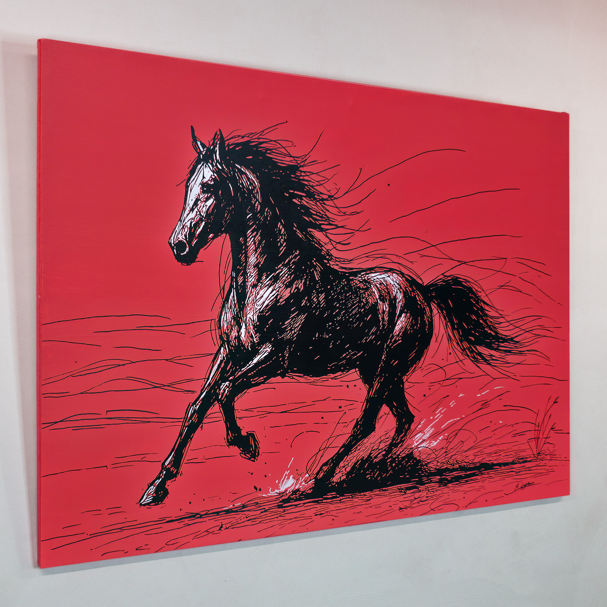 BLAZING – Araberpferd im freien Galopp, Gesamtansicht auf rotem Hintergrund, Acryl und Lackmarker, 2025