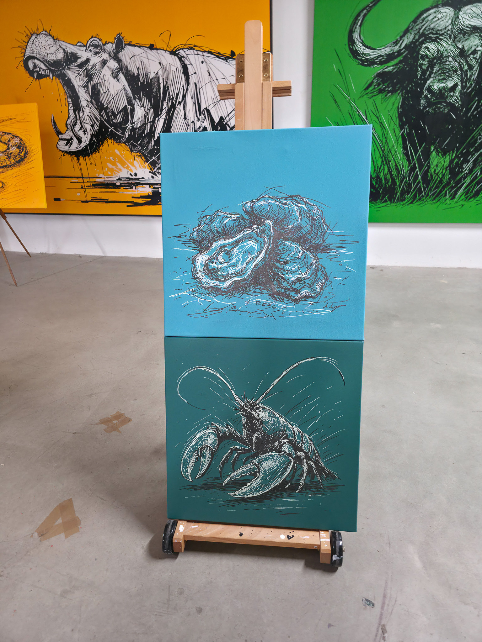 "STANDING GROUND" und "CLOSED, BUT NEVER EMPTY", Gemälde Austern auf hell Blau und Hummer auf Grün, Acryl, Martin Lingens, 2025