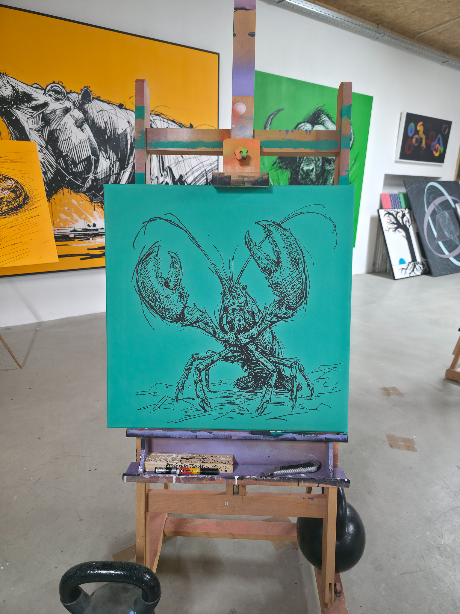 Entstehung von "STANDING GROUND II". Wild Sketches Serie, Künstler Martin Lingens, Hummer Gemälde in Grün, 2026