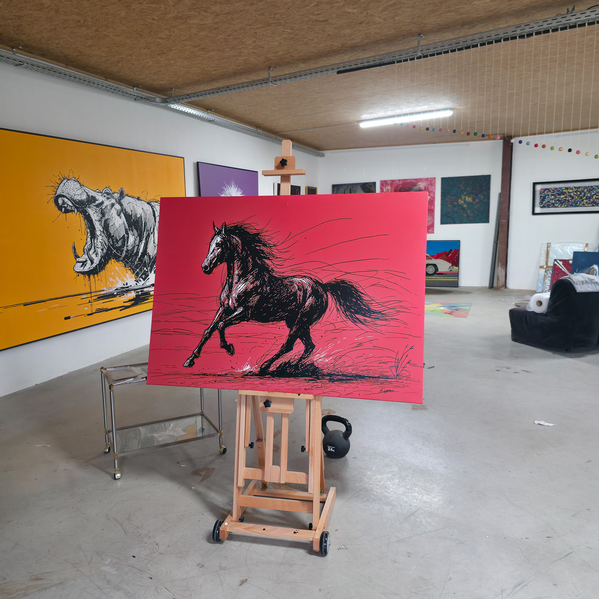 BLAZING – im Atelier auf Staffelei/Wand, Ansicht mit Umgebung, 2025