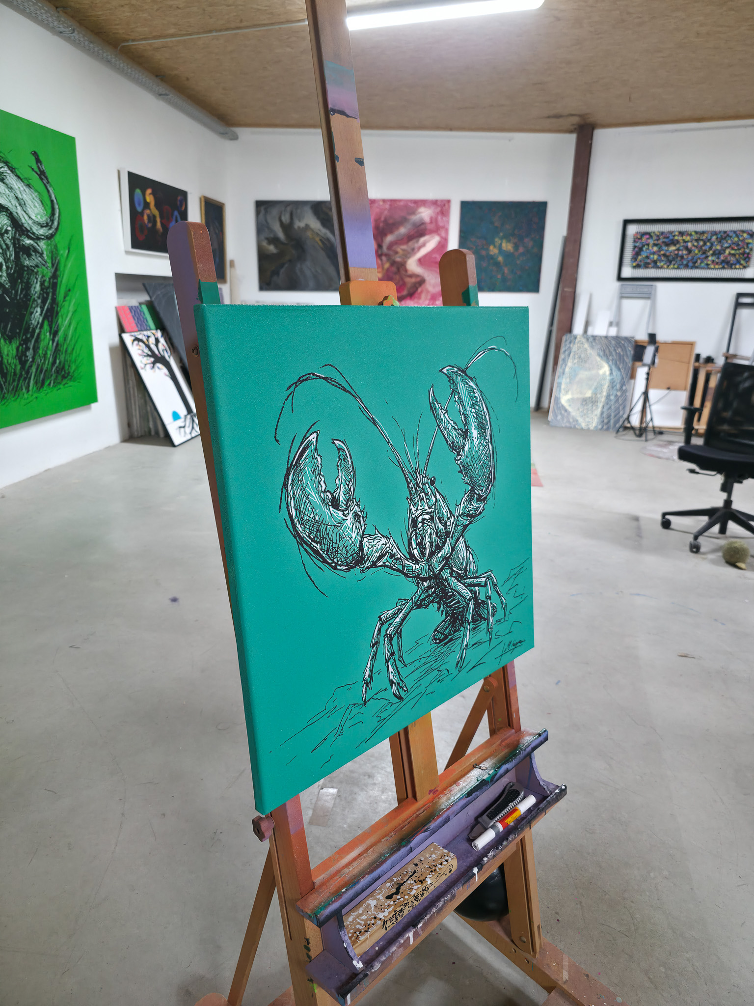 Entstehung von "STANDING GROUND II". Wild Sketches Serie, Künstler Martin Lingens, Hummer Gemälde in Grün, 2026