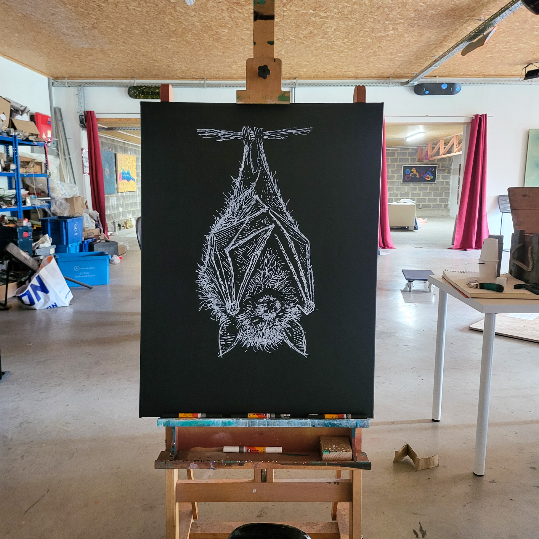 Entstehung von "INTERRUPTED ECHO", Künstler Martin Lingens, Fledermaus, Serie WILD SKETCHES