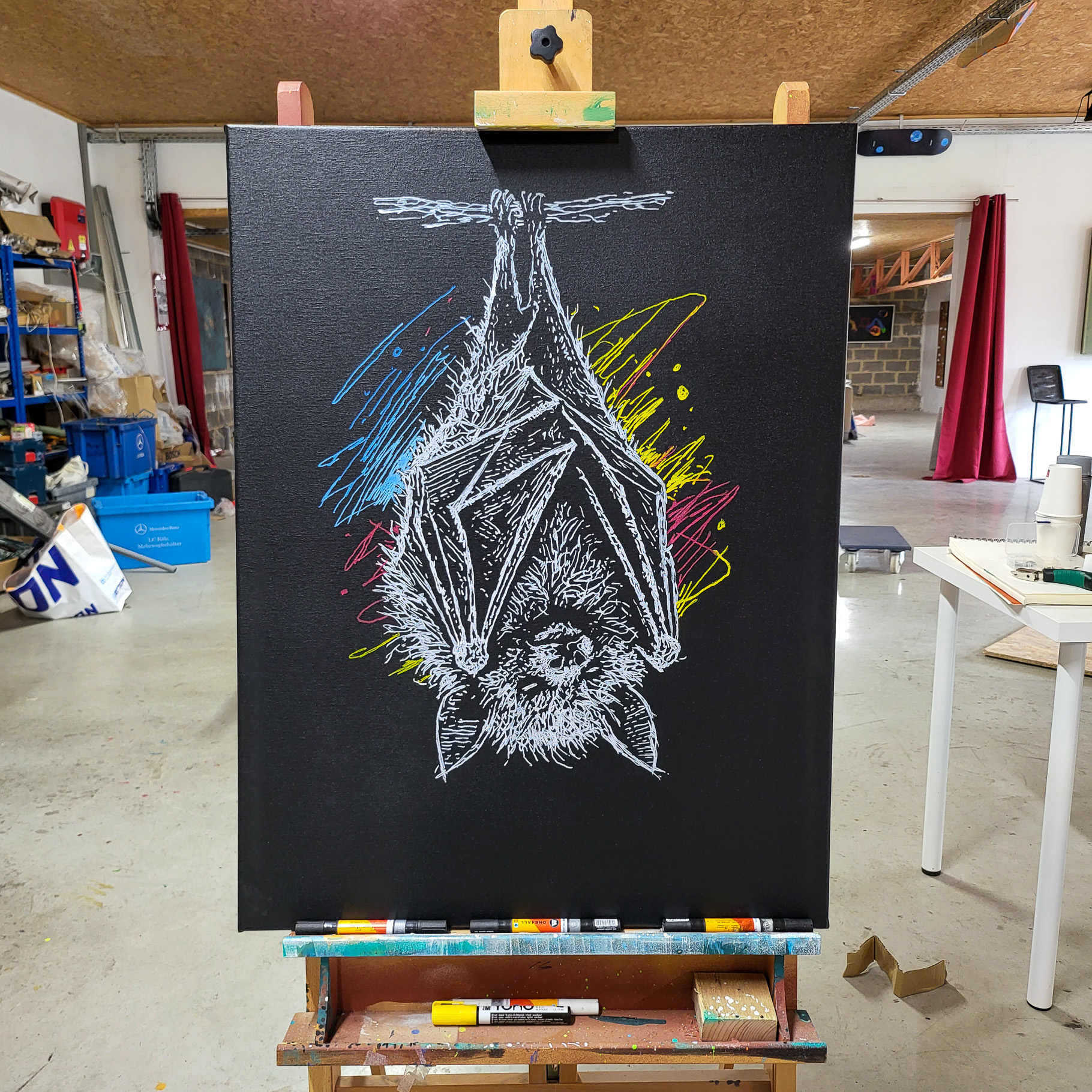 Entstehung von "INTERRUPTED ECHO", Künstler Martin Lingens, Fledermaus, Serie WILD SKETCHES