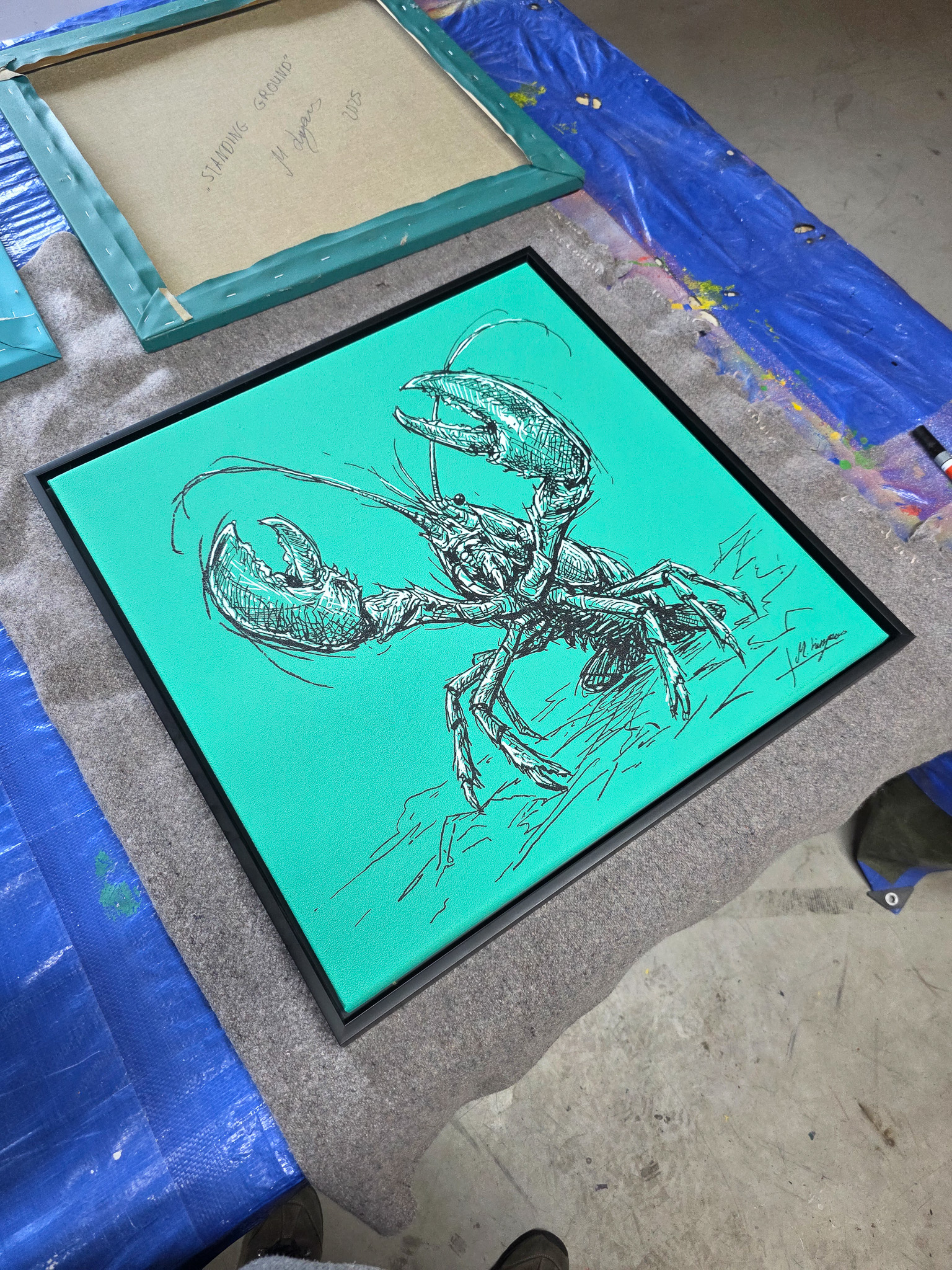 Entstehung von "STANDING GROUND II". Wild Sketches Serie, Künstler Martin Lingens, Hummer Gemälde in Grün, 2026