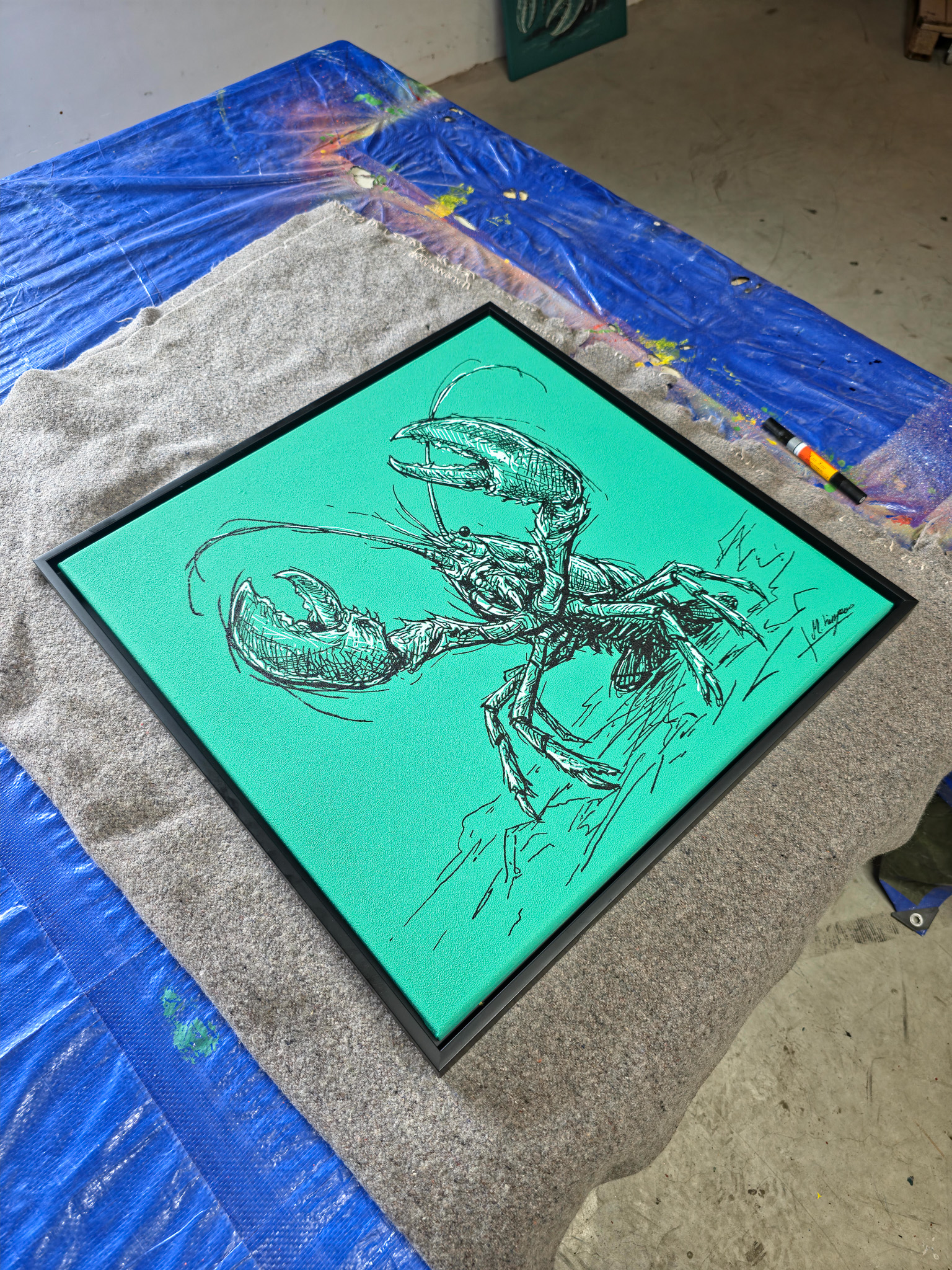 Entstehung von "STANDING GROUND II". Wild Sketches Serie, Künstler Martin Lingens, Hummer Gemälde in Grün, 2026
