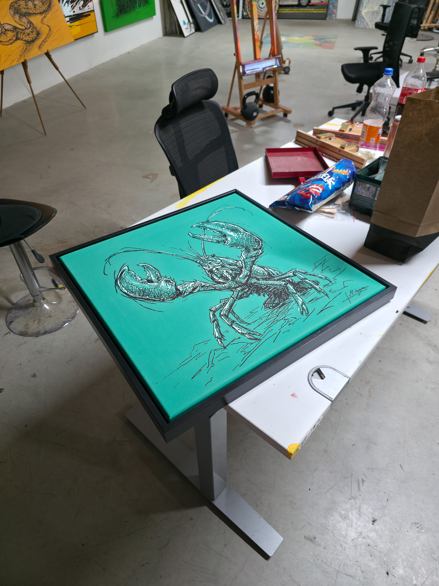 Entstehung von "STANDING GROUND II". Wild Sketches Serie, Künstler Martin Lingens, Hummer Gemälde in Grün, 2026