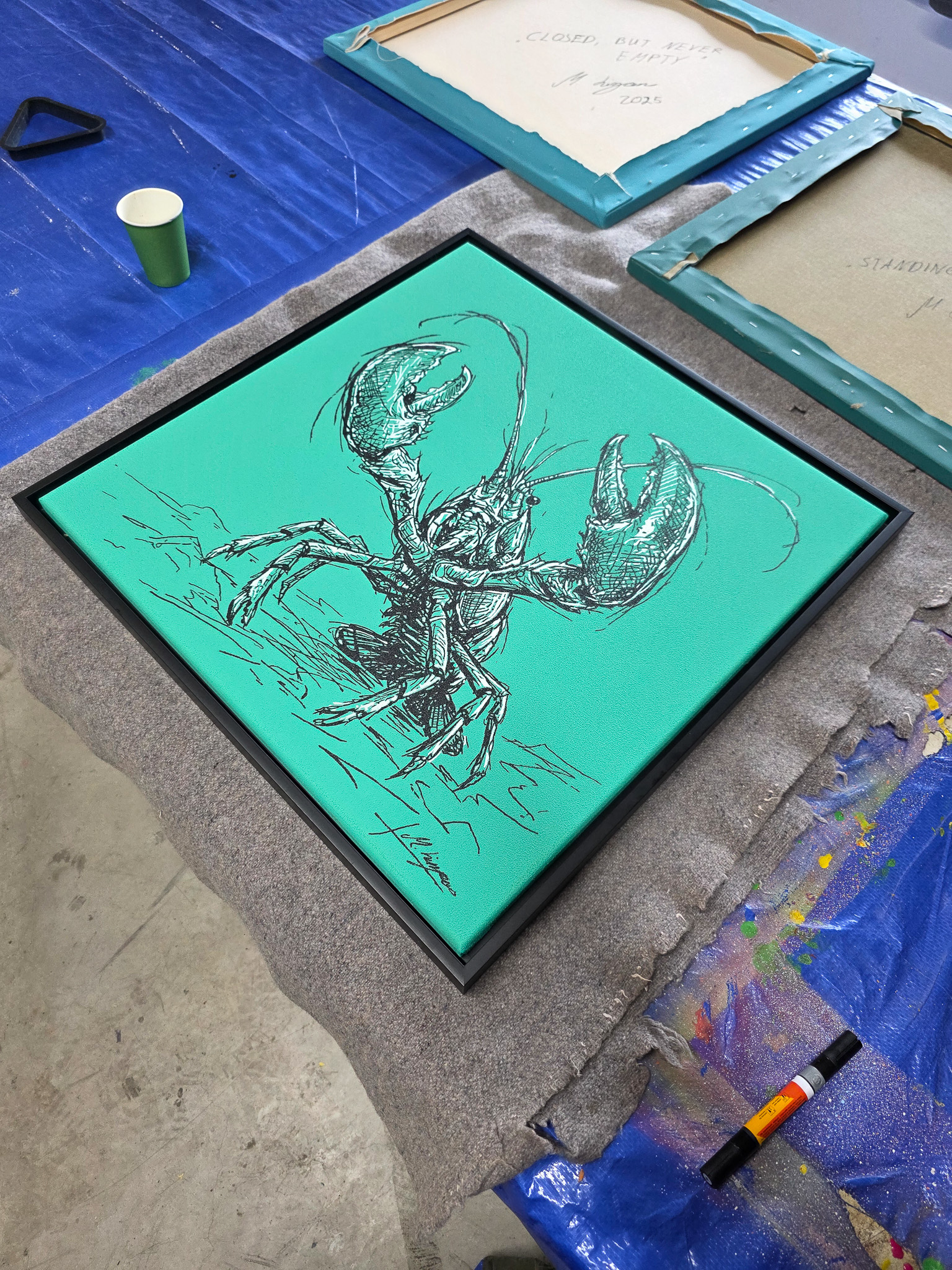 Entstehung von "STANDING GROUND II". Wild Sketches Serie, Künstler Martin Lingens, Hummer Gemälde in Grün, 2026