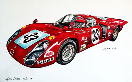 ALFA ROMEO 33/2, 1968. Ecoline su carta (2017). Collezione privata.