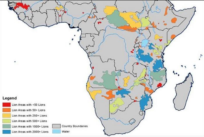 Плотность африканских популяций льва, по Riggio et al., 2013