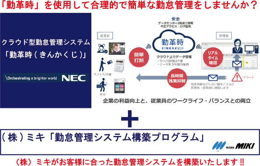 ㈱ミキの「勤革時」を使用したクラウド型勤怠管理システム構築プログラム　㈱ミキがお客様のあった勤怠管理システムを構築します。