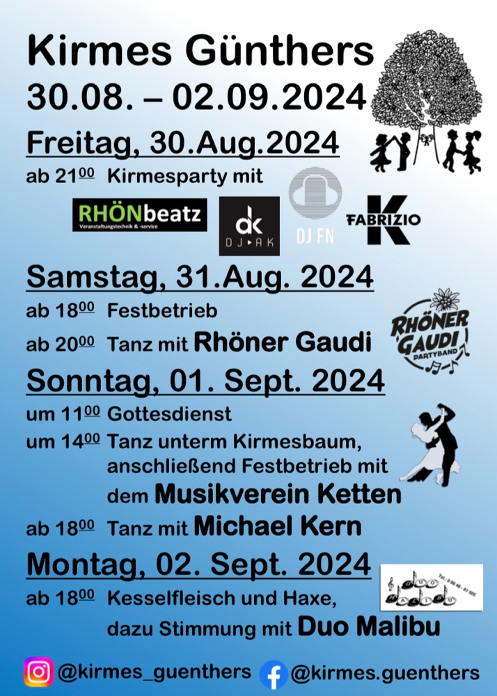 Hier ist das Programm für unser diesjähriges Kirmeswochenende. Wir freuen uns über Euer Kommen, damit wir zusammen ein paar schöne Tage verbringen können 🎉