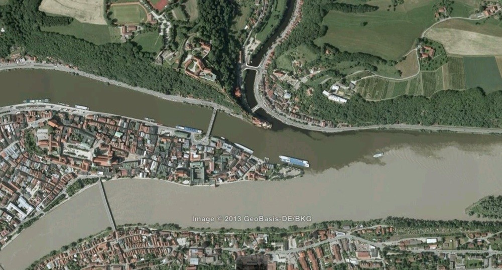 Passau und seine drei Flüsse Inn - Donau - Ilz. ( © BayernAtlas bayerische Vermessungsverwaltung)