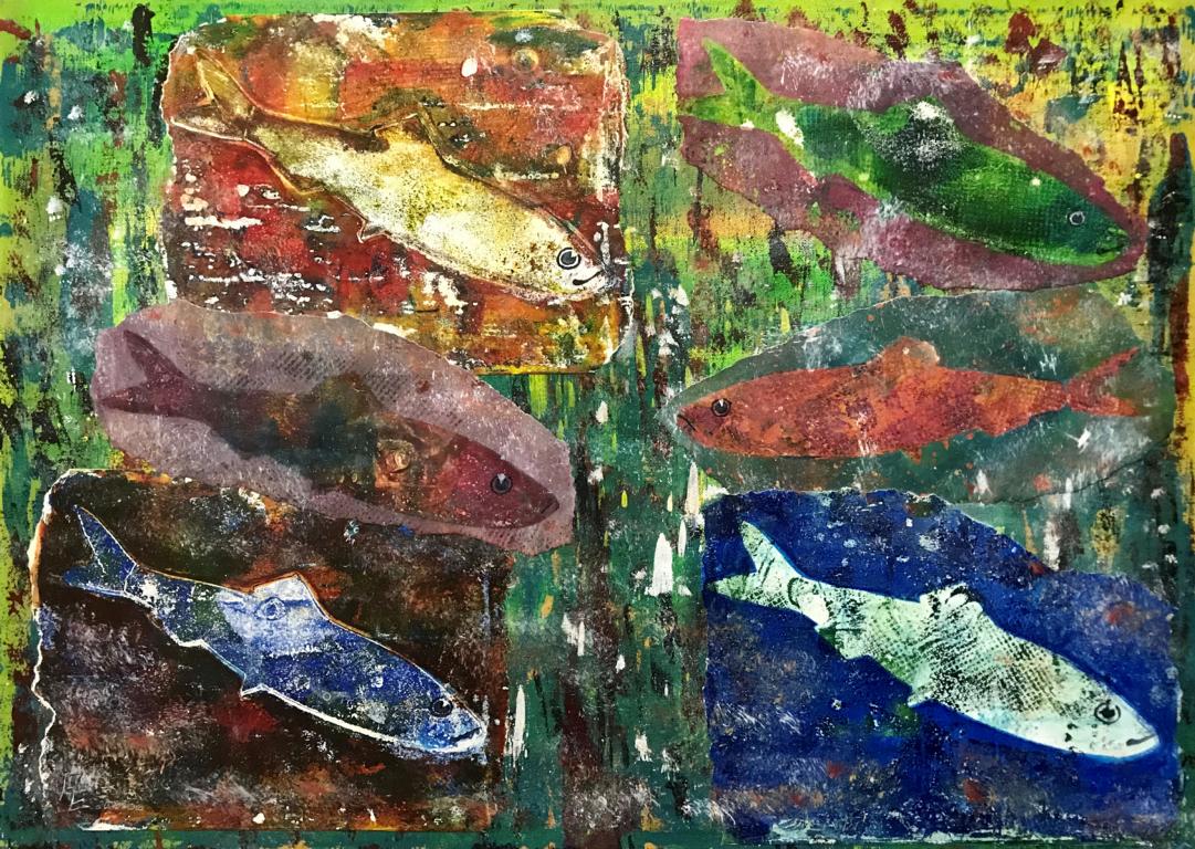 2020-06 GelFisch I - Geldruck Acryl Collage auf Leinwandkarton 50x70