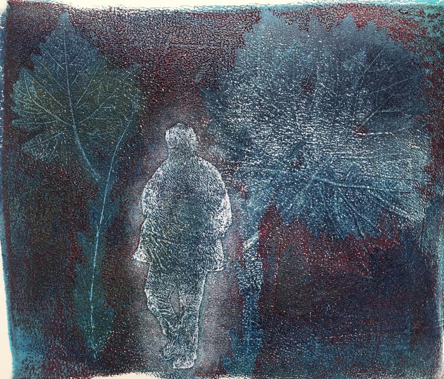 2020-06 Abend-Wald-Spaziergang - Geldruck Acryl auf Kunstdruckpapier 28x27