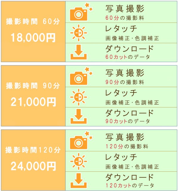 撮影料　60分　18,000円　90分　21,000円　120分　24,000円