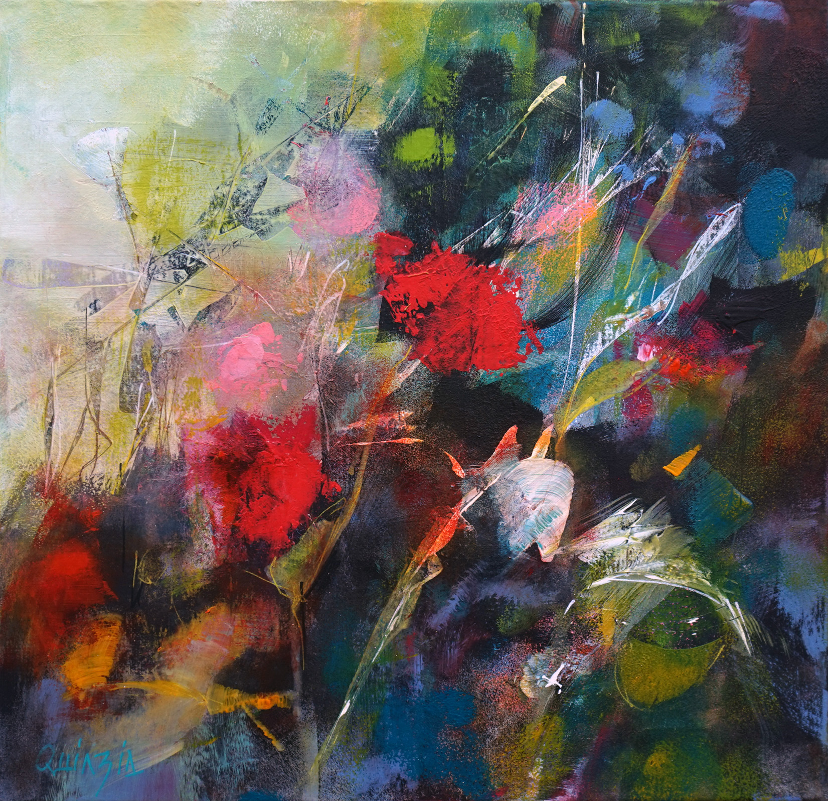 "Ombre et lumière au jardin" technique mixte sur toile 40 x 40 VENDUE