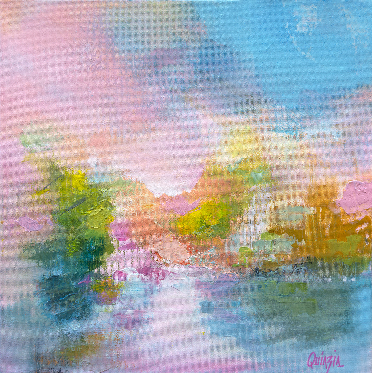 "Les beaux après-midi - Les pieds dans l'eau" peinture acrylique sur toile 3D 29 x 29 cm, disponible