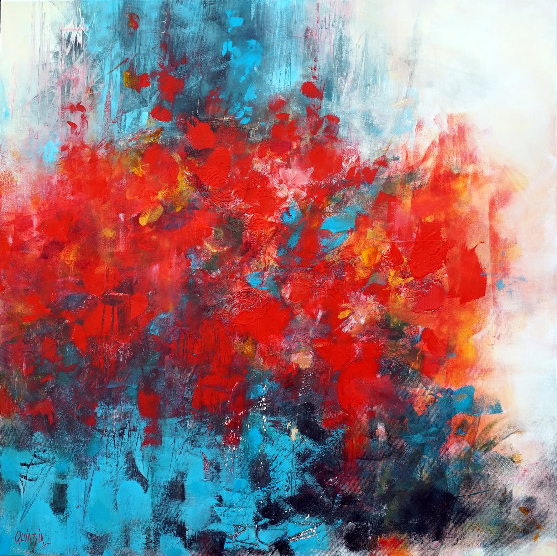 "En rangs serrés" Peinture acrylique et collage sur toile 80 x 80 Disponible