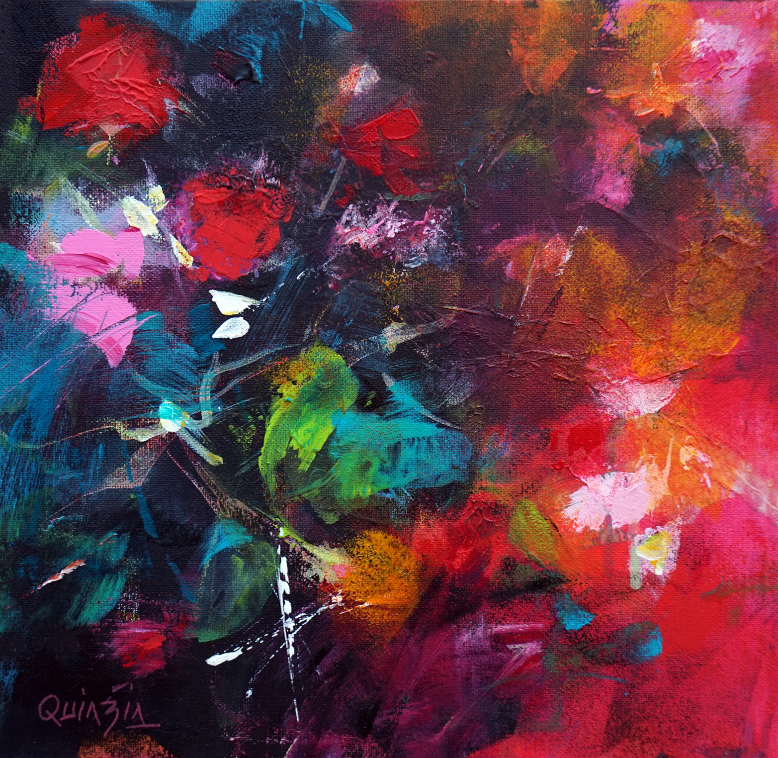 "Rouge du soir", acrylique et marqueurs sur toile 30 x 30 épaisseur 4 Disponible