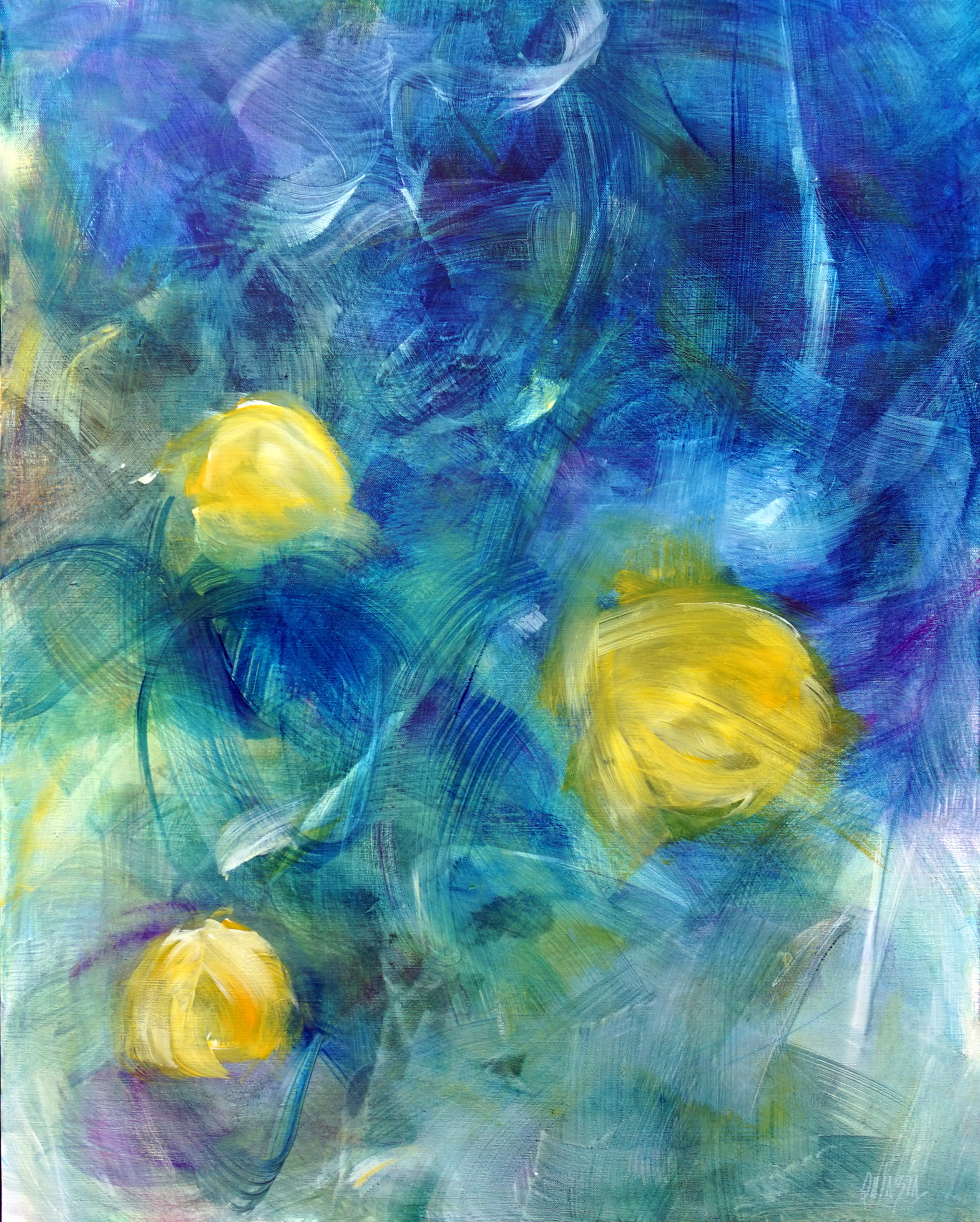 3 boutons jaunes, acrylique et marqueurs sur toile 92 x 73 Disponible
