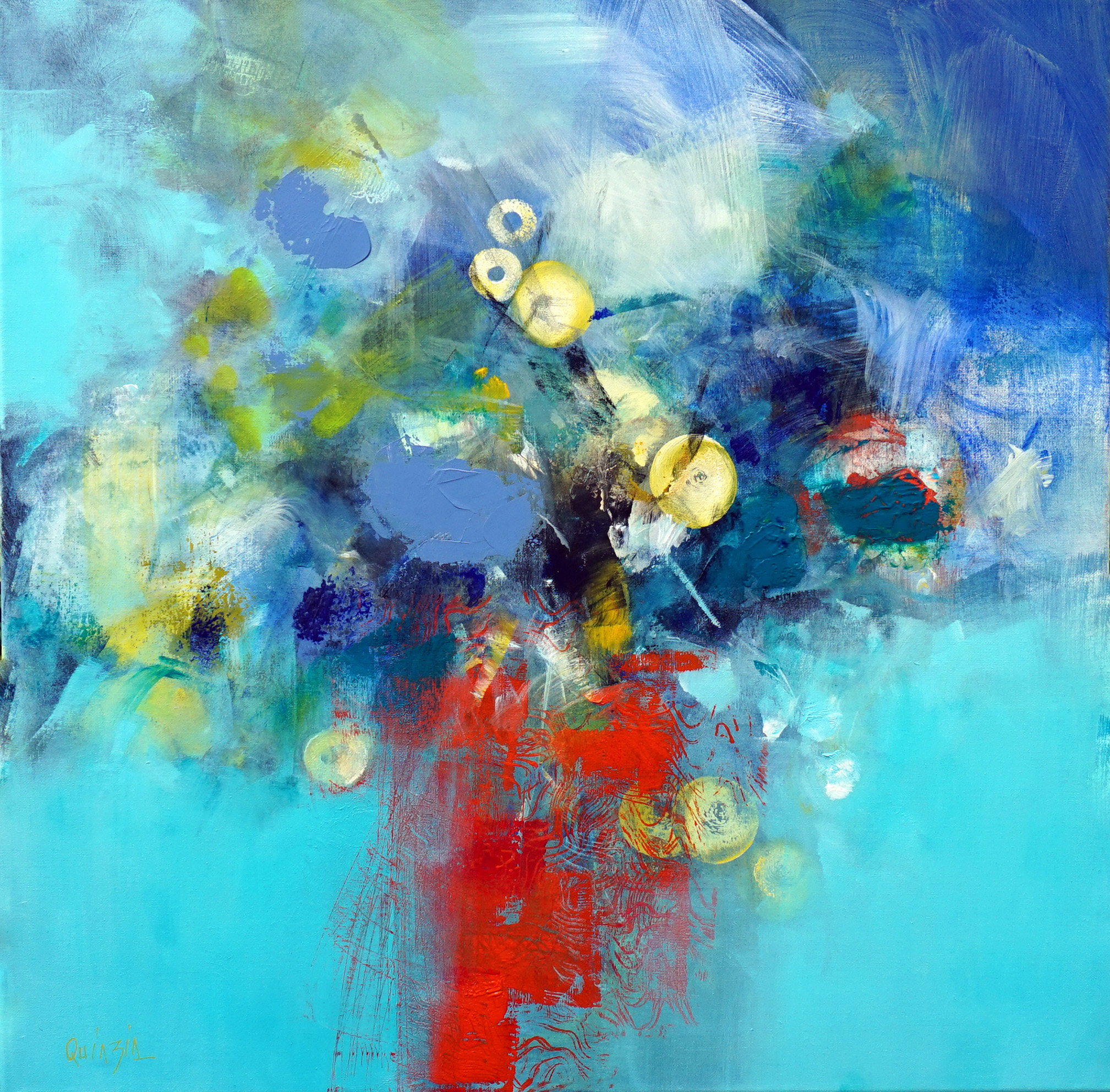 "Blue and yellow flowers in an orange pot" acrylique sur toile 80 x 80 Disponible