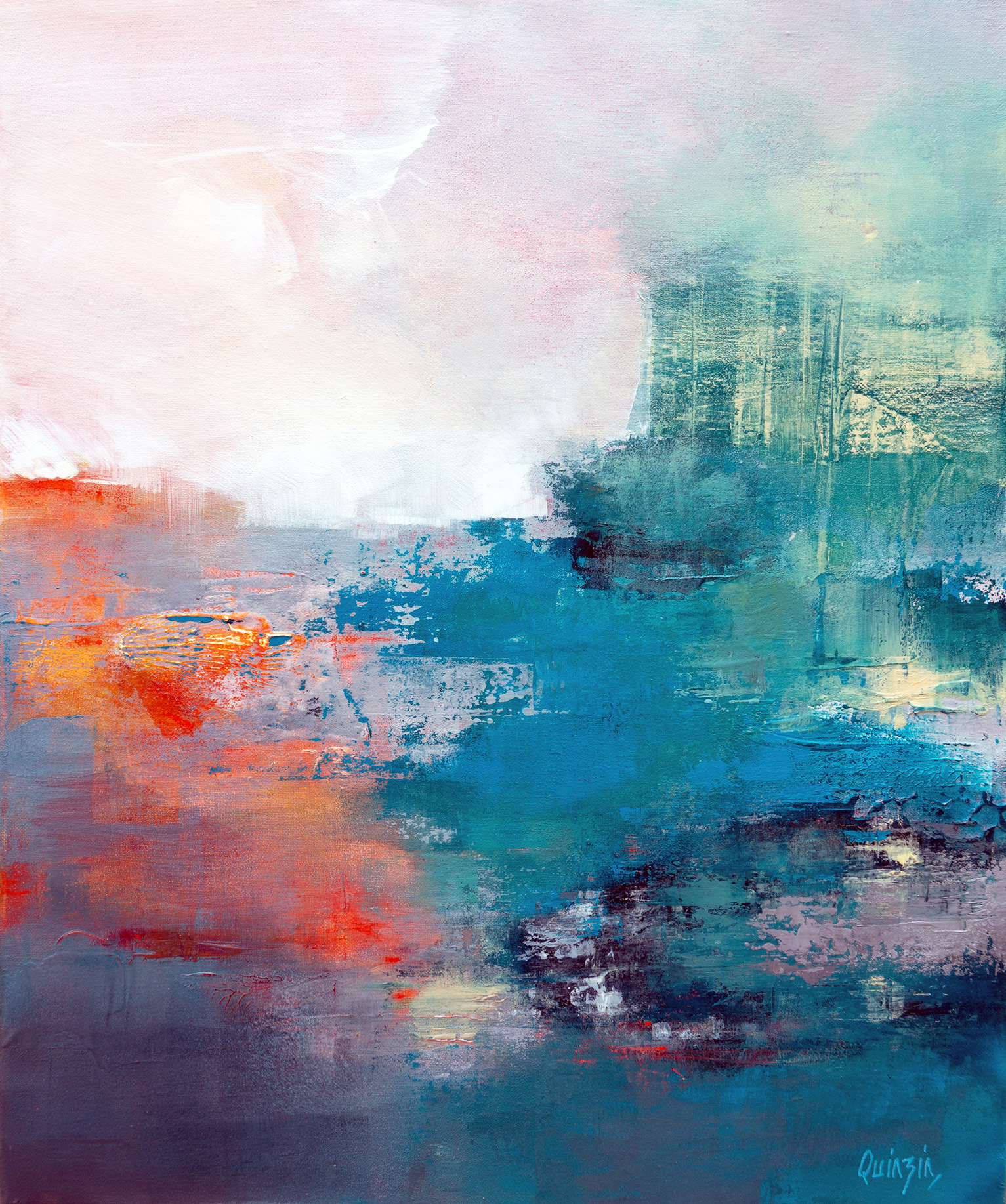"Orange on the coast" acrylique et pigments sur toile 50 x 61 cm, VENDUE