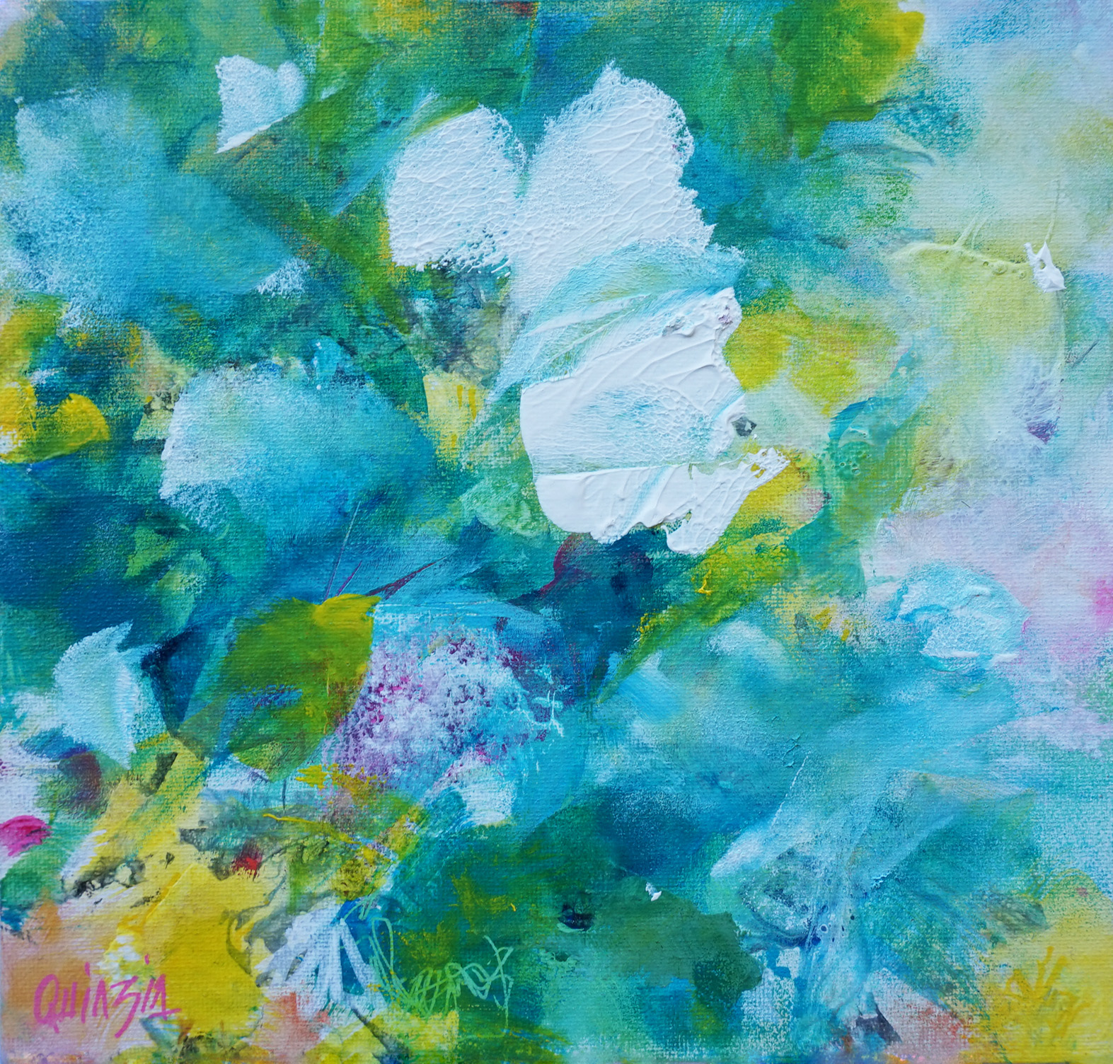 "Morceau de jardin" acrylique et marqueurs sur toile 3D 29 x 29 cm. VENDUE