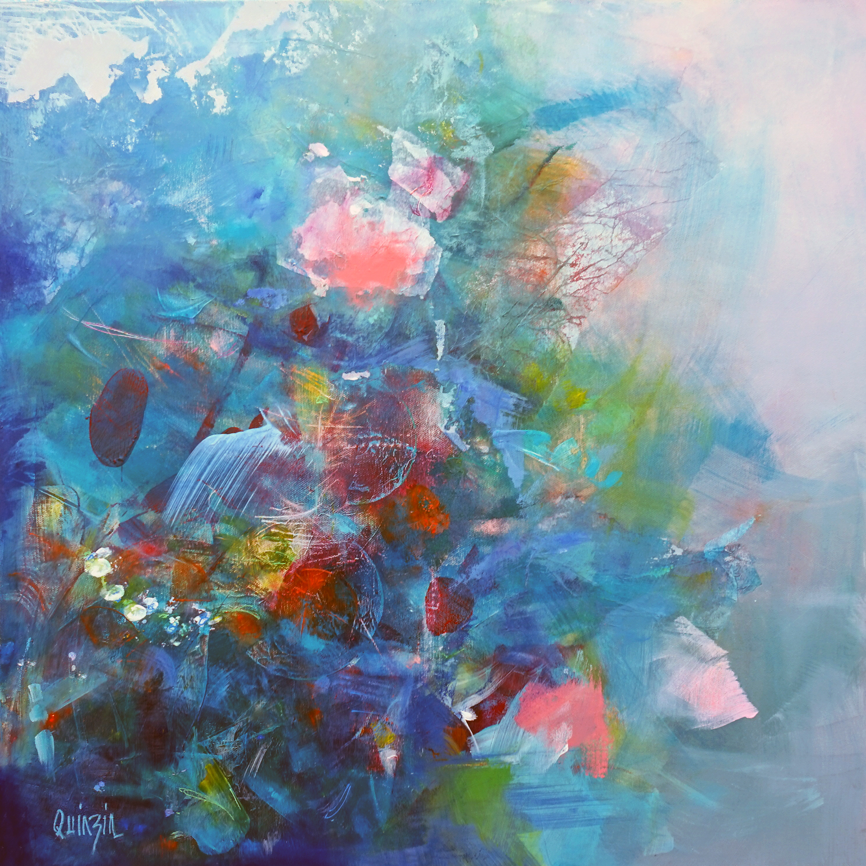 "Les grimpantes" Collage, peinture acrylique et pastels gras sur toile 70x70 Disponible