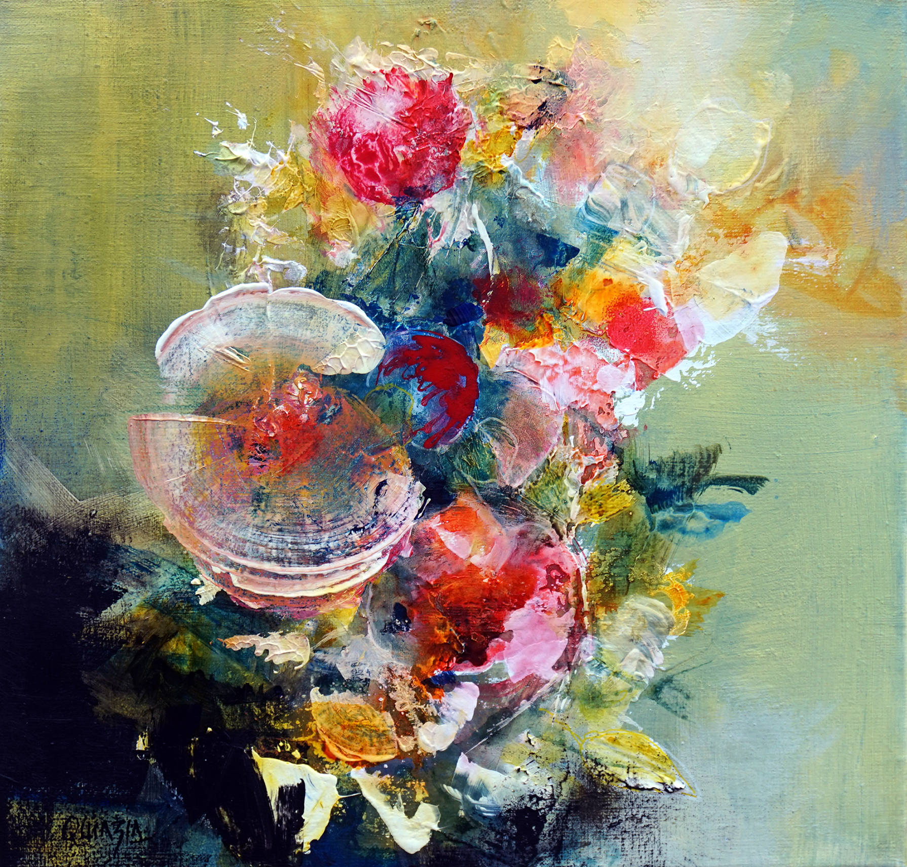 "Bloom 04" technique mixte sur toile 40 x 40 cm vendue