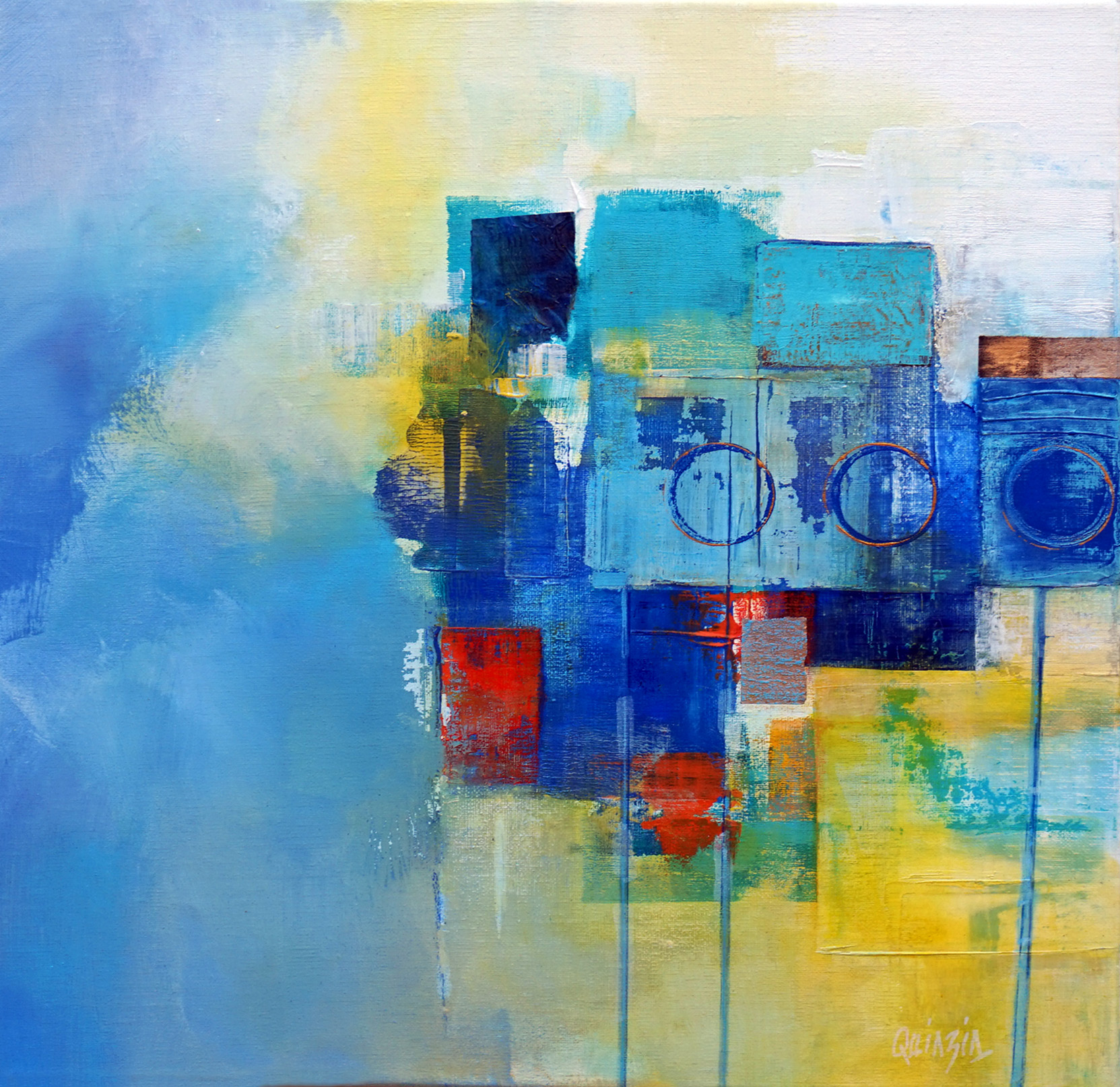 "Maisons sur pilotis" Acrylique et collage sur toile 50 x 50 cm