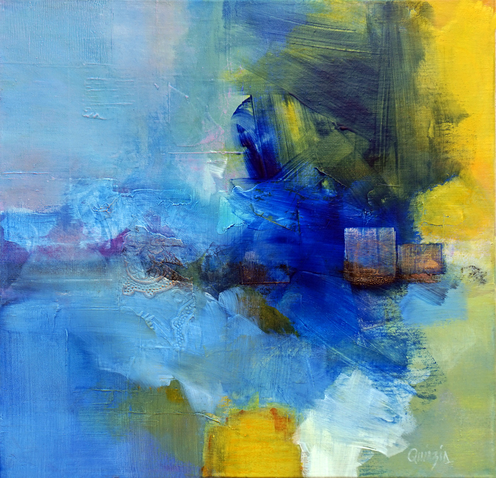 "Retour au bleu" technique mixte sur toile 50 x 50 cm. Vendue
