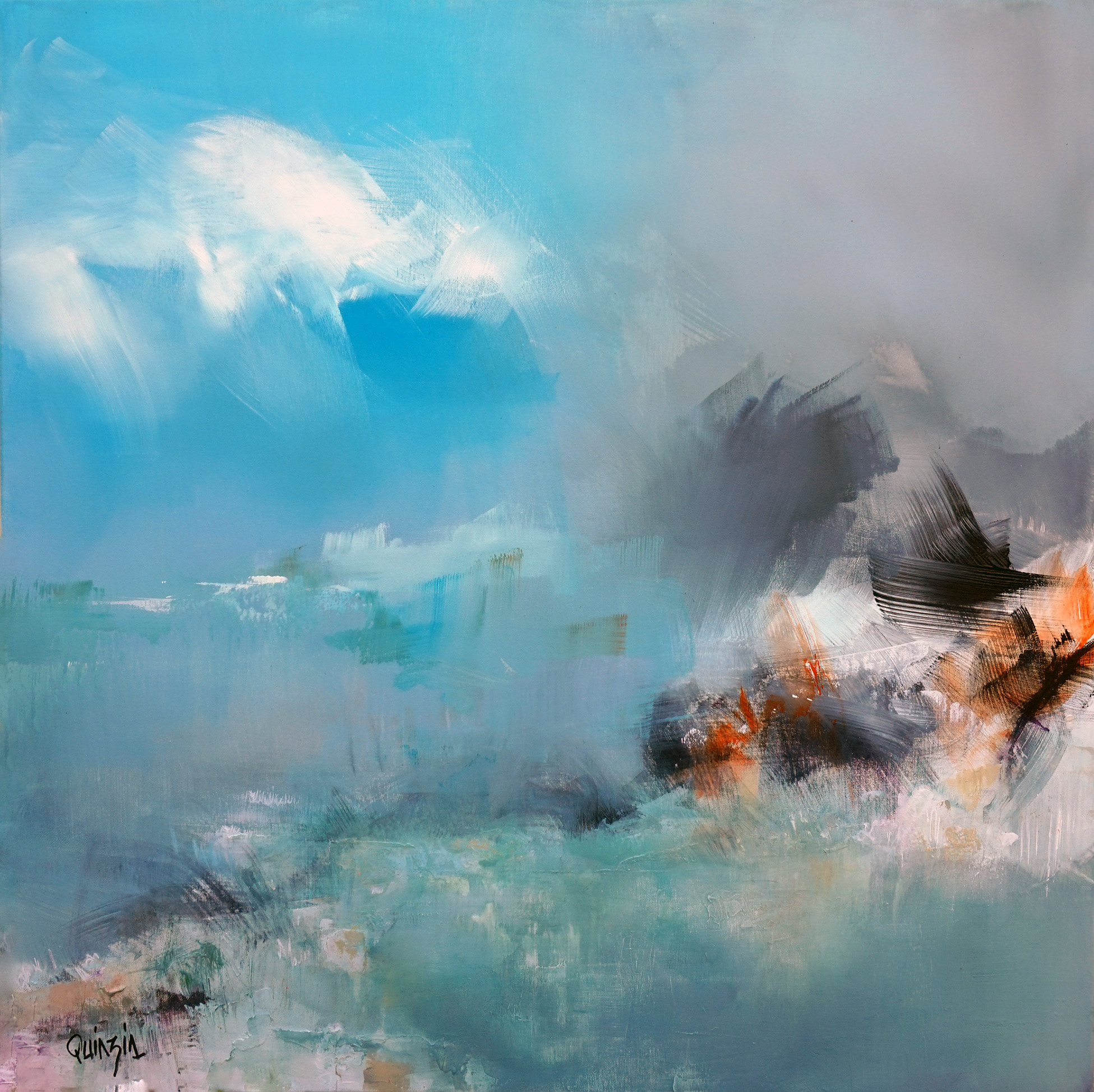 "Living blue - 3", acrylique et pigments sur toile 80 x 80 disponible