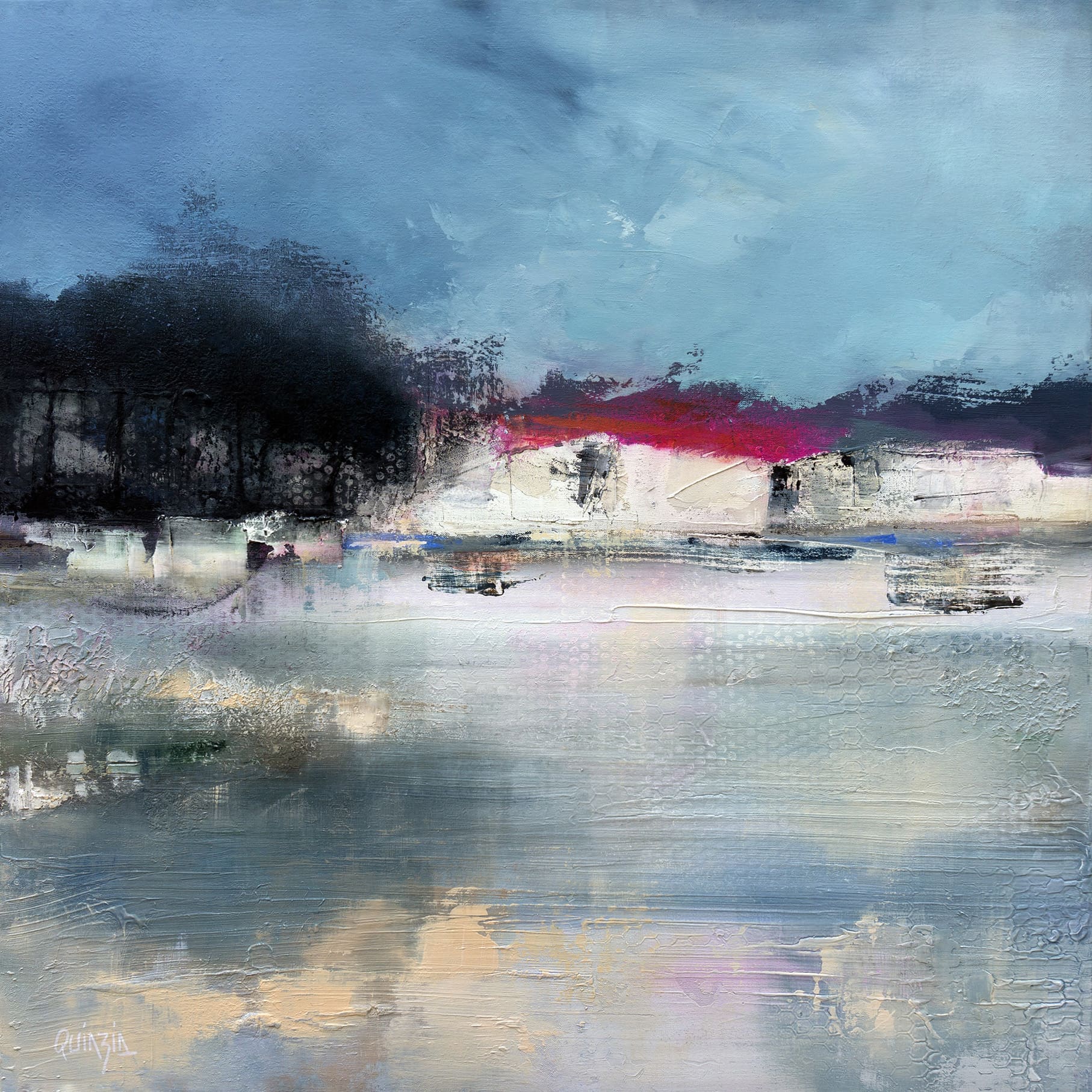 "Cabane au bord de l'eau" peinture acrylique et pigments sur toile 100 x 100 cm, disponible