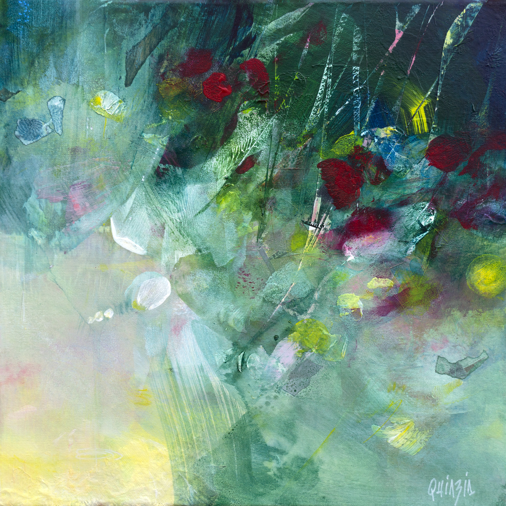 "Les fleurs du marais" technique mixte sur toile 40 x 40 cm VENDUE