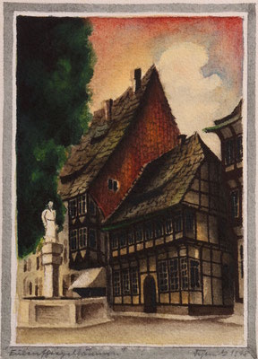 Brodhaus mit Eulenspiegelbrunnen 1948 9 x 13 ( Einbecker Marktplatz ) Aquarell