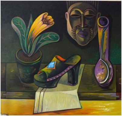 Stillleben mit Holzschuh und afrikanischer Maske  1979  89 x 84  V.V. 77