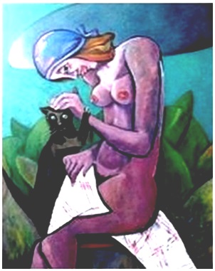 Frauenakt mit Katze  2008  75 x 100